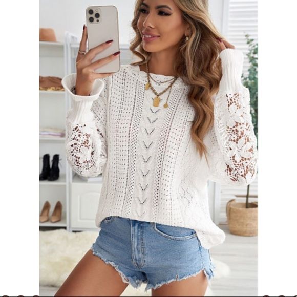 Crochet Lace Pointelle Knit Sweater - Picture 1 of 6